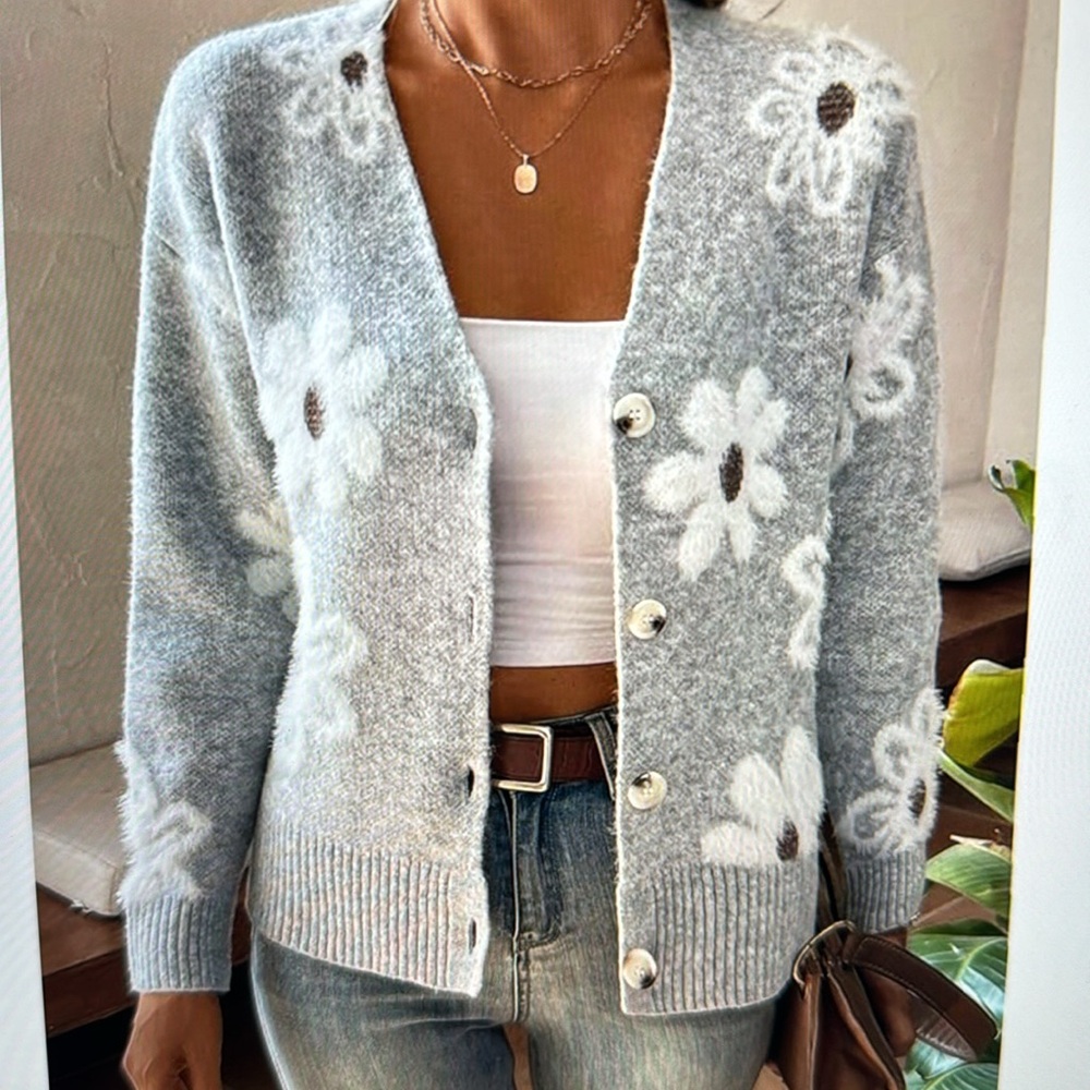 Gray Knit Cardigan with Flowers. Sz S; So soft!